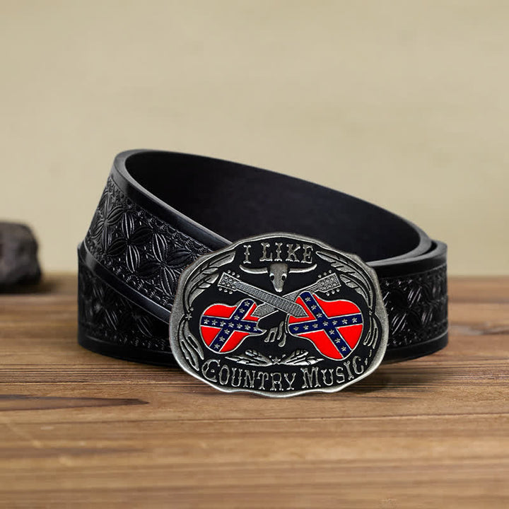 Men's DIY Country Music Guitar Bull Buckle Leather Belt - Country Music - Black Embossed Weave Belt (40) - image 5