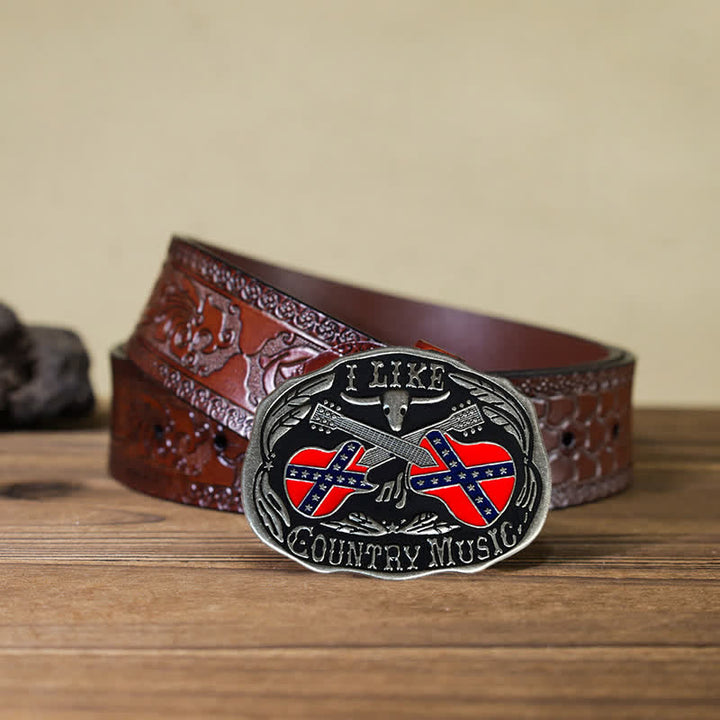 Men's DIY Country Music Guitar Bull Buckle Leather Belt - Country Music - Brown Carved Belt (40) - image 7