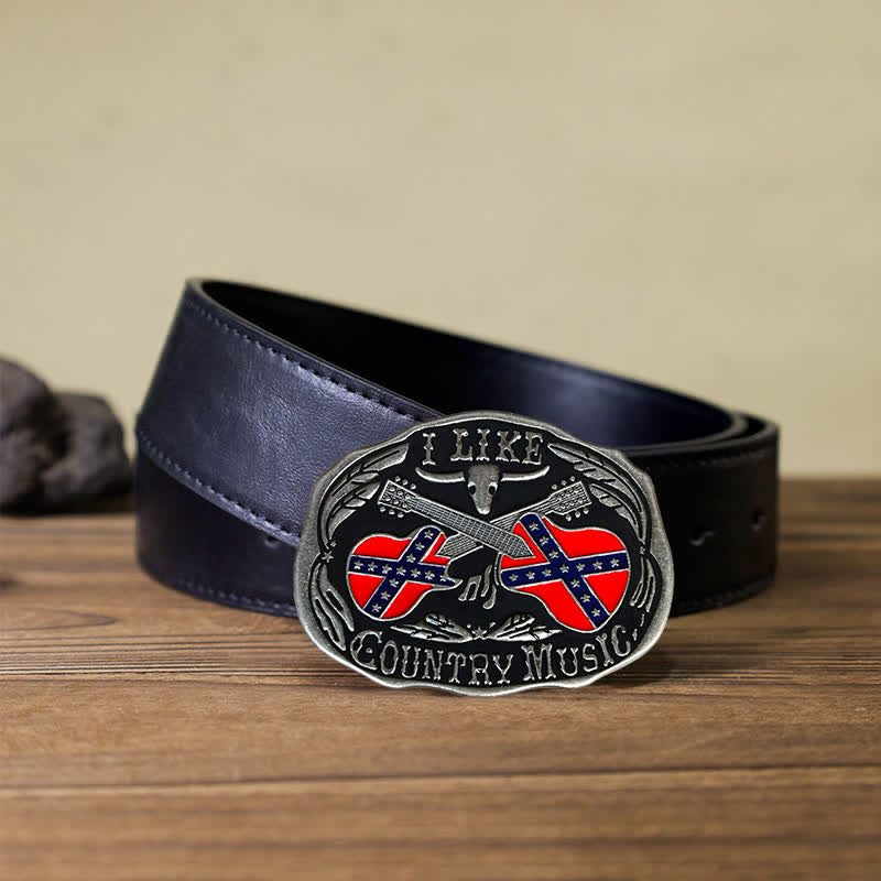 Men's DIY Country Music Guitar Bull Buckle Leather Belt - Country Music - Black PU Belt (40) - image 3