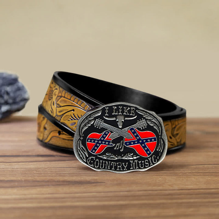 Men's DIY Country Music Guitar Bull Buckle Leather Belt - Country Music - SandyBrown Belt (40) - image 8
