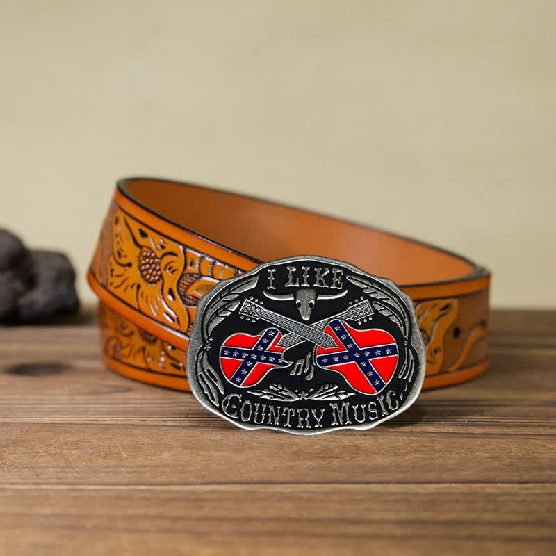 Men's DIY Country Music Guitar Bull Buckle Leather Belt - Country Music - Orange Carved Belt (40) - image 9