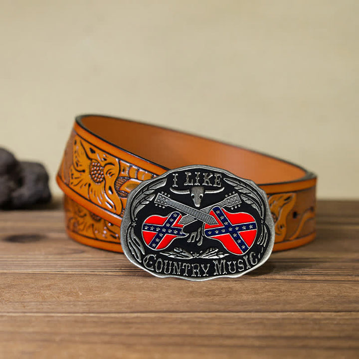 Men's DIY Country Music Guitar Bull Buckle Leather Belt - Country Music - Orange Carved Belt (40) - image 9