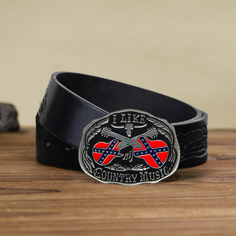 Men's DIY Country Music Guitar Bull Buckle Leather Belt - Country Music - Black Embossed Eagle Belt (40) - image 4
