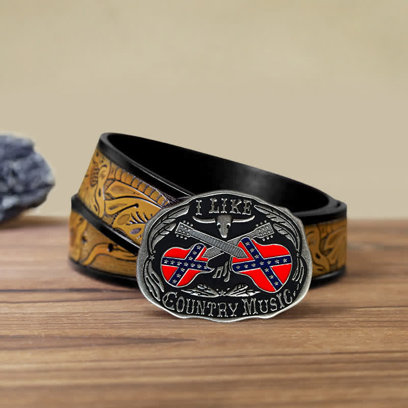 Men's DIY Country Music Guitar Bull Buckle Leather Belt - Country Music - SandyBrown Belt (40) - image 8