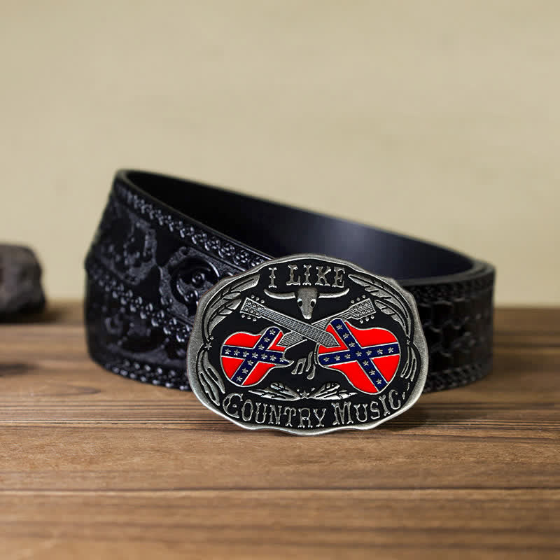 Men's DIY Country Music Guitar Bull Buckle Leather Belt - Country Music - Black Carved Belt (40) - image 6
