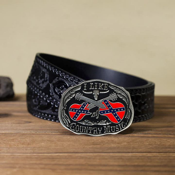 Men's DIY Country Music Guitar Bull Buckle Leather Belt - Country Music - Black Carved Belt (40) - image 6