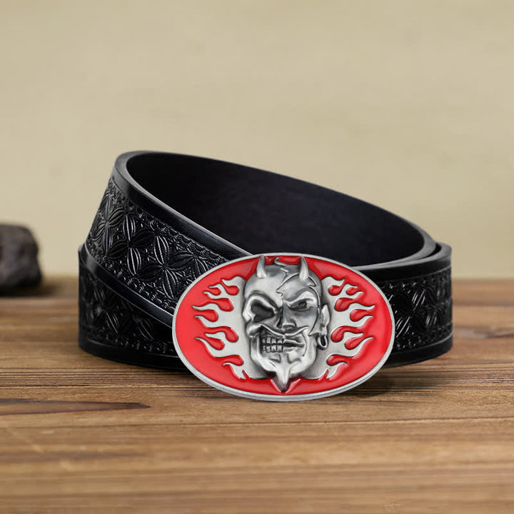 Men's DIY Red Flame Devil Skull Buckle Leather Belt - Flame Devil - Black Embossed Weave Belt (40) - image 7