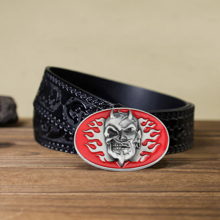 Men's DIY Red Flame Devil Skull Buckle Leather Belt - Flame Devil - Black Carved Belt (40) - image 8