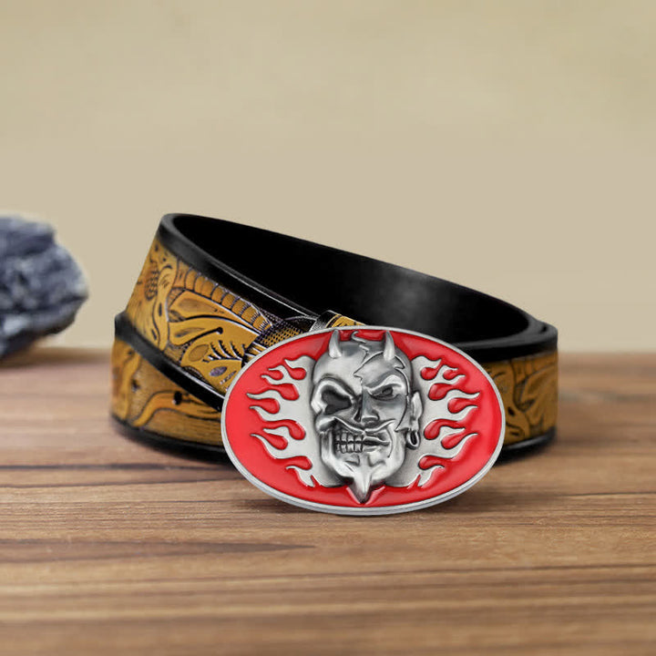 Men's DIY Red Flame Devil Skull Buckle Leather Belt - Flame Devil - SandyBrown Belt (40) - image 10