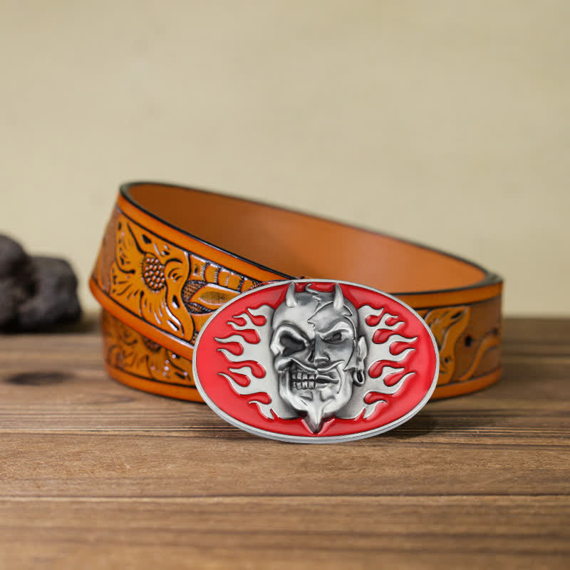 Men's DIY Red Flame Devil Skull Buckle Leather Belt - Flame Devil - Orange Carved Belt (40) - image 11