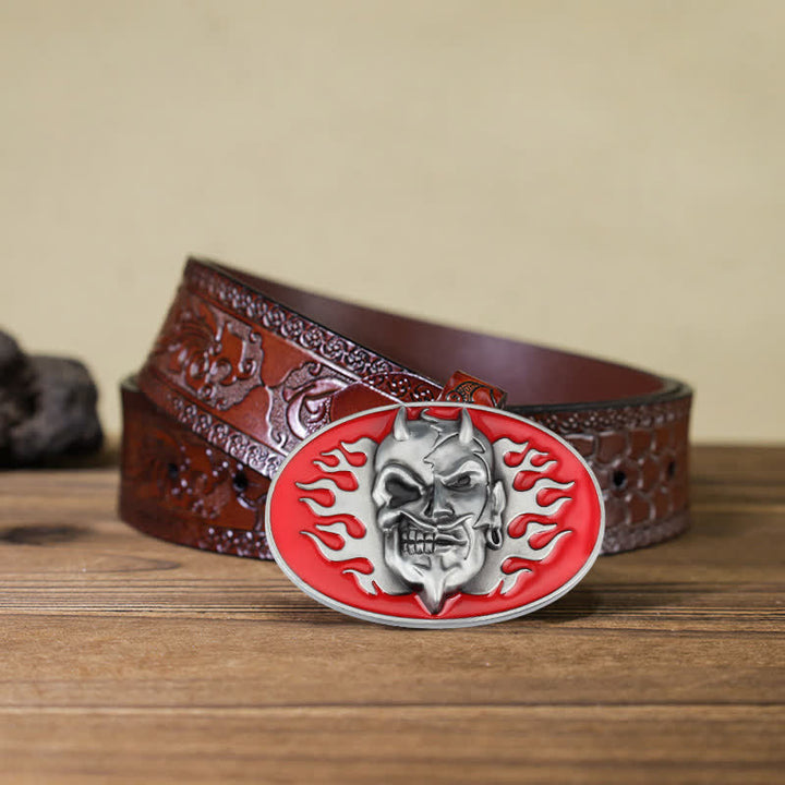 Men's DIY Red Flame Devil Skull Buckle Leather Belt - Flame Devil - Brown Carved Belt (40) - image 9