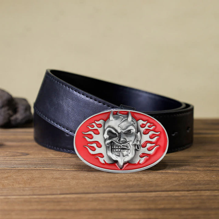 Men's DIY Red Flame Devil Skull Buckle Leather Belt - Flame Devil - Black PU Belt (40) - image 5