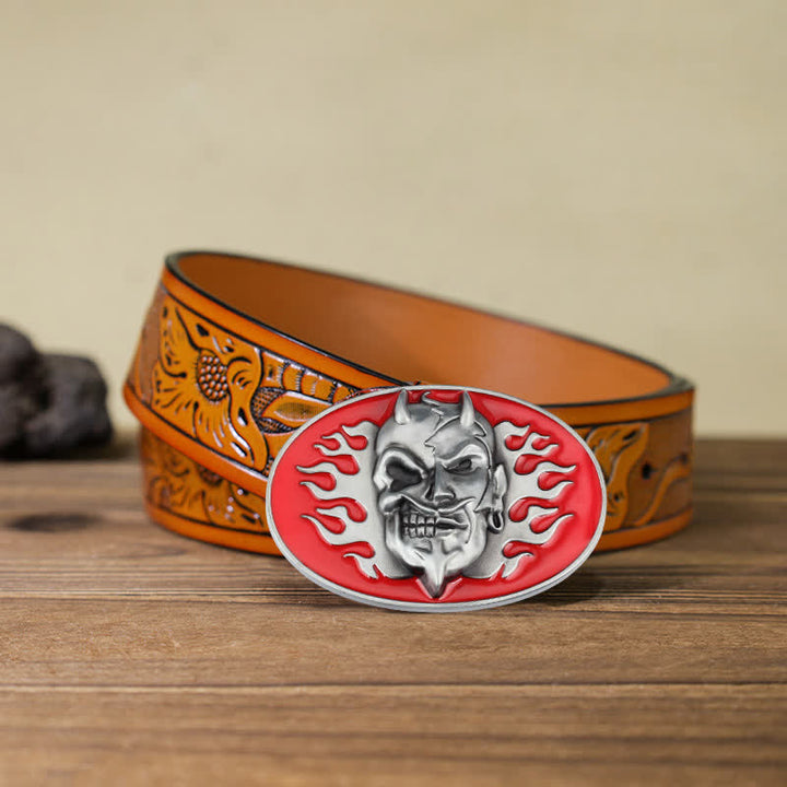 Men's DIY Red Flame Devil Skull Buckle Leather Belt - Flame Devil - Orange Carved Belt (40) - image 11
