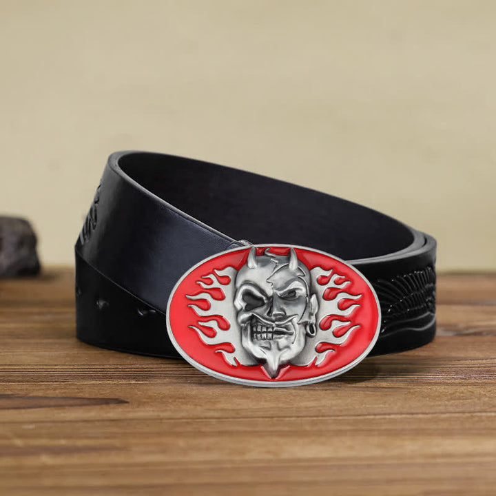 Men's DIY Red Flame Devil Skull Buckle Leather Belt - Flame Devil - Black Embossed Eagle Belt (40) - image 6