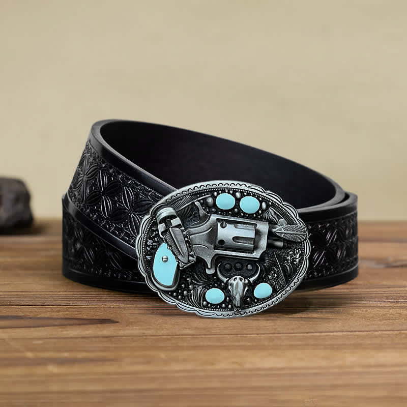 Men's DIY Pistol Bull Head Buckle Leather Belt - Pistol - Black Embossed Weave Belt (40) - image 5