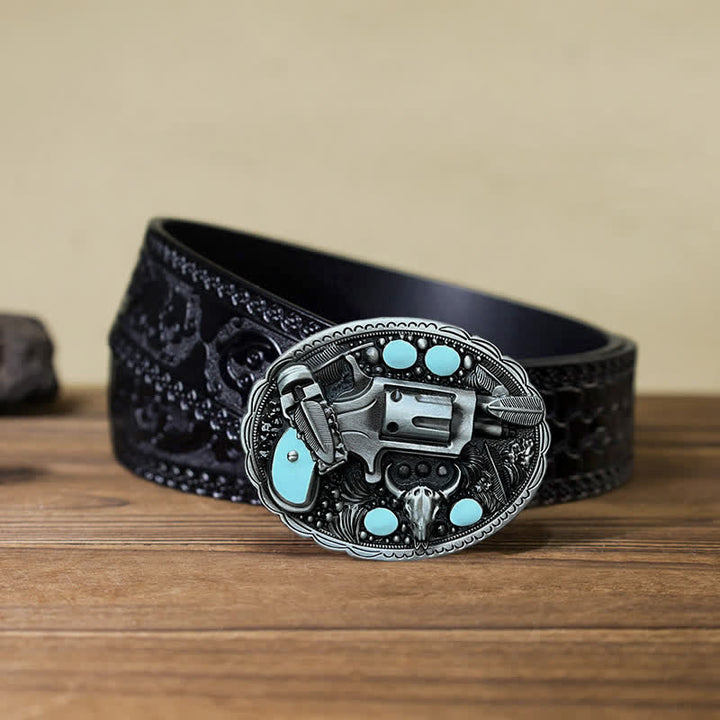 Men's DIY Pistol Bull Head Buckle Leather Belt - Pistol - Black Carved Belt (40) - image 6