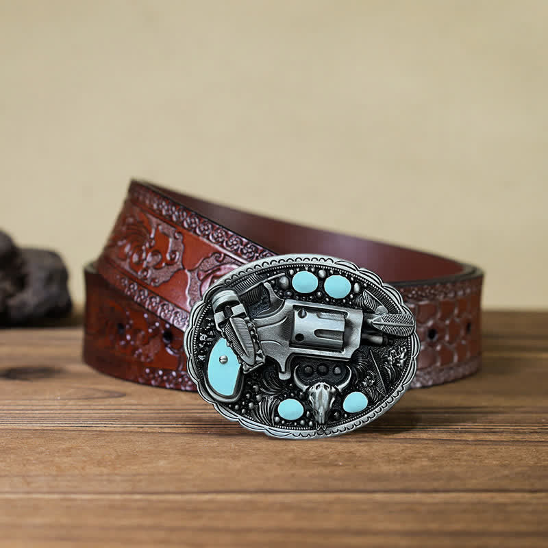 Men's DIY Pistol Bull Head Buckle Leather Belt - Pistol - Brown Carved Belt (40) - image 7