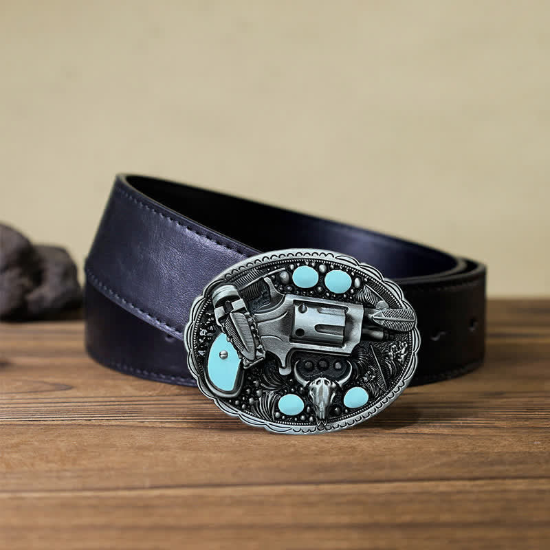 Men's DIY Pistol Bull Head Buckle Leather Belt - Pistol - Black PU Belt (40) - image 3