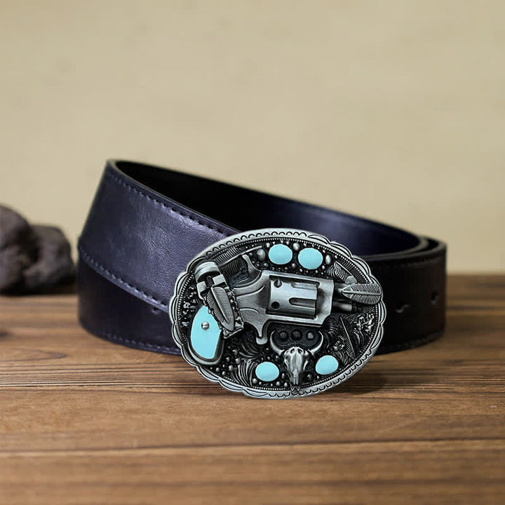 Men's DIY Pistol Bull Head Buckle Leather Belt - Pistol - Black PU Belt (40) - image 3