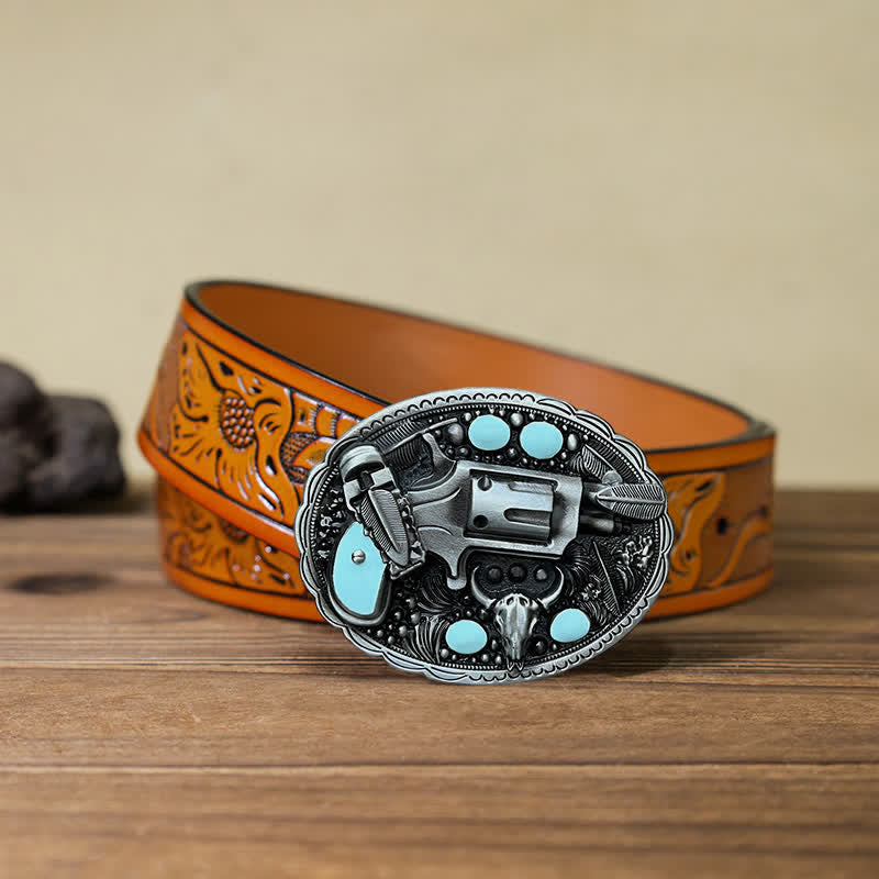 Men's DIY Pistol Bull Head Buckle Leather Belt - Pistol - Orange Carved Belt (40) - image 9