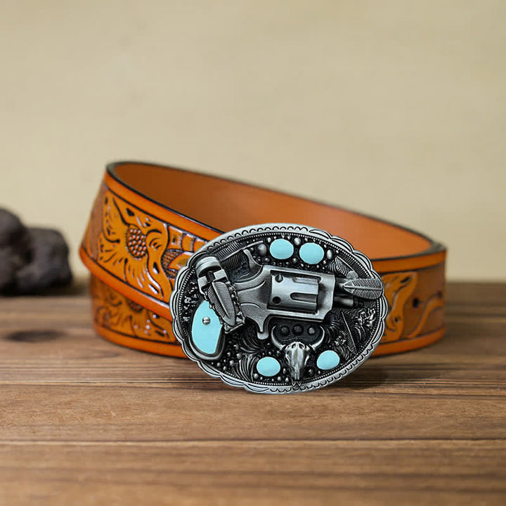 Men's DIY Pistol Bull Head Buckle Leather Belt - Pistol - Orange Carved Belt (40) - image 9