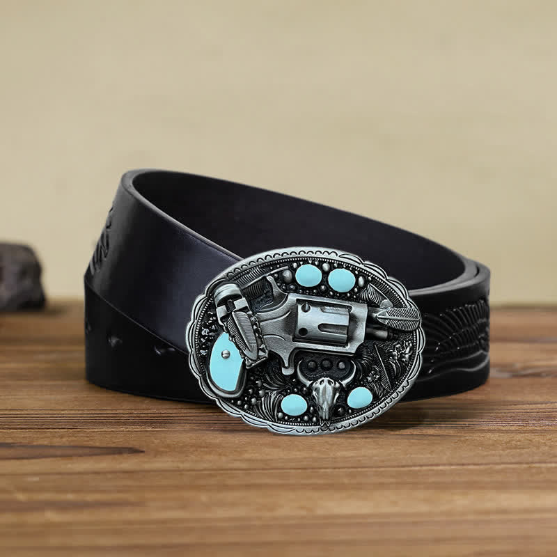 Men's DIY Pistol Bull Head Buckle Leather Belt - Pistol - Black Embossed Eagle Belt (40) - image 4