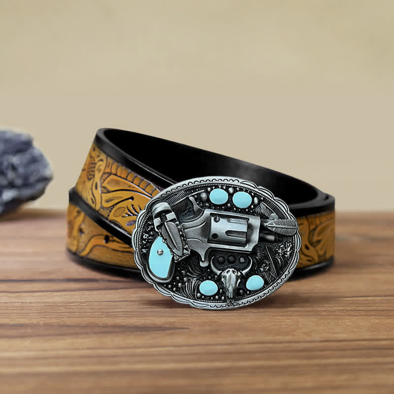 Men's DIY Pistol Bull Head Buckle Leather Belt - Pistol - SandyBrown Belt (40) - image 8