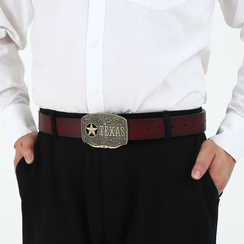 Men's DIY Texas Hollow Pentagrame Buckle Leather Belt - image 2