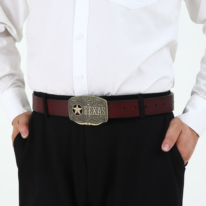 Men's DIY Texas Hollow Pentagrame Buckle Leather Belt - image 2