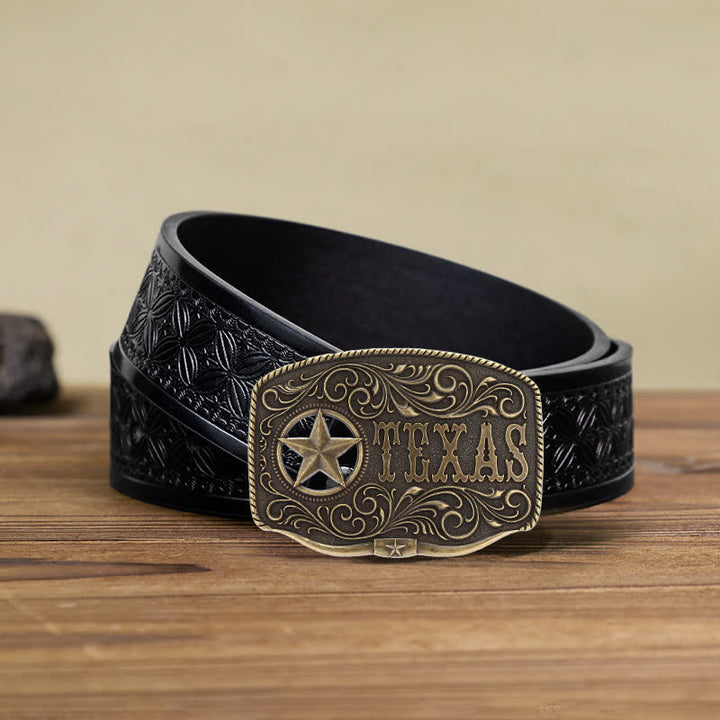 Men's DIY Texas Hollow Pentagrame Buckle Leather Belt - Antique Bronze - Black Embossed Weave Belt (40) - image 6