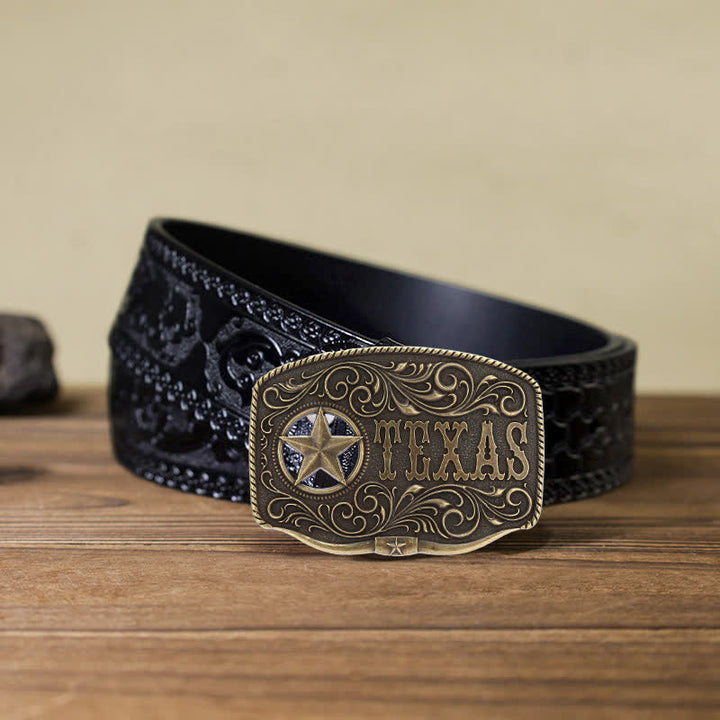 Men's DIY Texas Hollow Pentagrame Buckle Leather Belt - Antique Bronze - Black Carved Belt (40) - image 7