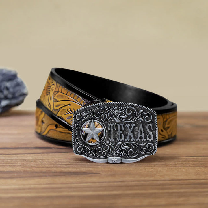 Men's DIY Texas Hollow Pentagrame Buckle Leather Belt - Antique Silver - SandyBrown Belt (40) - image 18