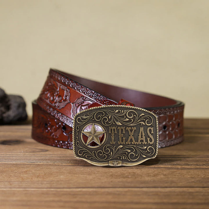 Men's DIY Texas Hollow Pentagrame Buckle Leather Belt - Antique Bronze - Brown Carved Belt (40) - image 8