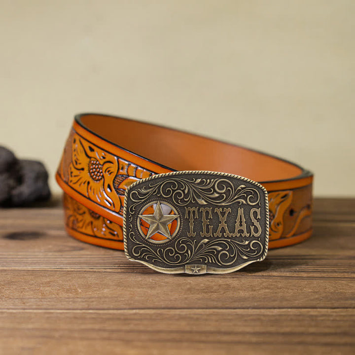 Men's DIY Texas Hollow Pentagrame Buckle Leather Belt - Antique Bronze - Orange Carved Belt (40) - image 10