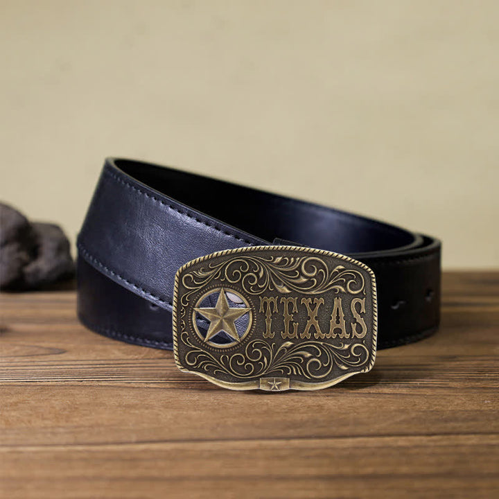 Men's DIY Texas Hollow Pentagrame Buckle Leather Belt - Antique Bronze - Black PU Belt (40) - image 4