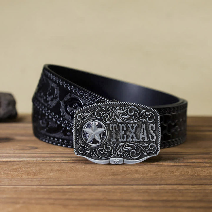 Men's DIY Texas Hollow Pentagrame Buckle Leather Belt - Antique Silver - Black Carved Belt (40) - image 16