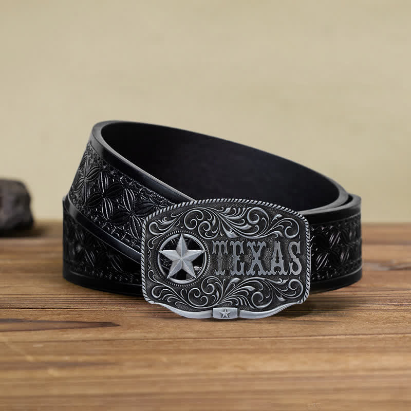 Men's DIY Texas Hollow Pentagrame Buckle Leather Belt - Antique Silver - Black Embossed Weave Belt (40) - image 15