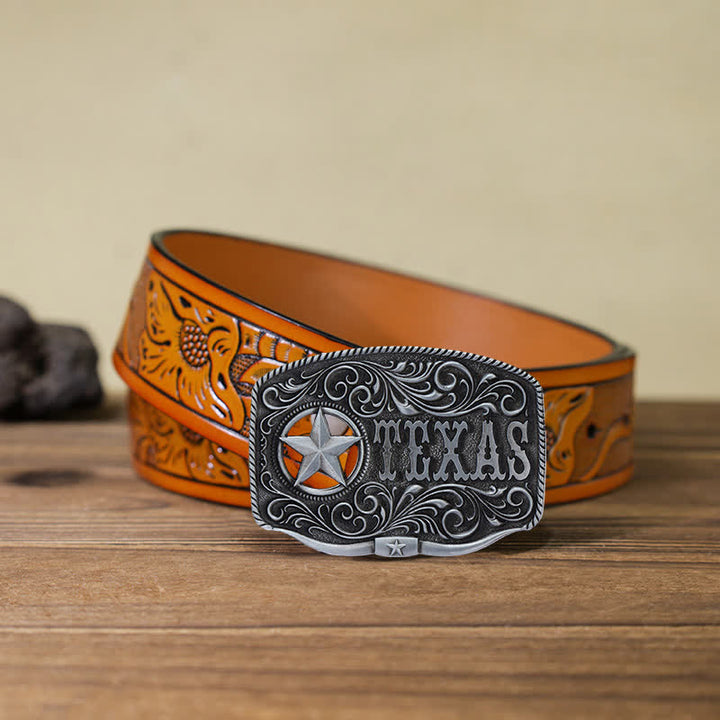 Men's DIY Texas Hollow Pentagrame Buckle Leather Belt - Antique Silver - Orange Carved Belt (40) - image 19