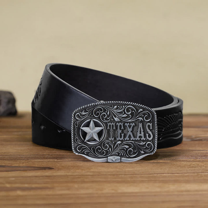 Men's DIY Texas Hollow Pentagrame Buckle Leather Belt - Antique Silver - Black Embossed Eagle Belt (40) - image 14