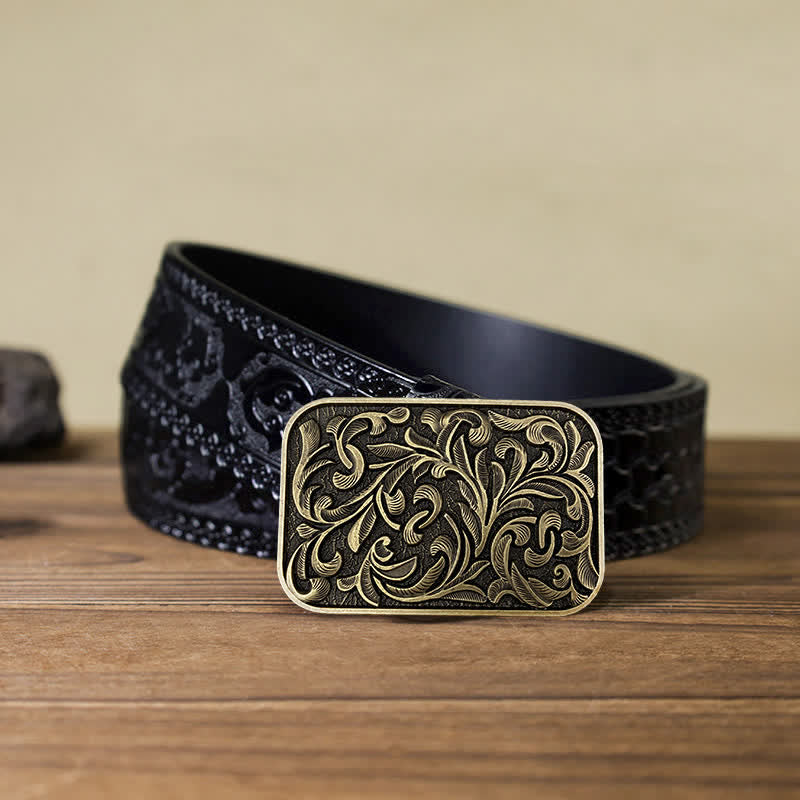 Men's DIY Art Leaves Scrollwork Buckle Leather Belt - Antique Bronze - Black Carved Belt (40) - image 5
