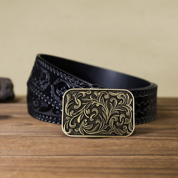 Men's DIY Art Leaves Scrollwork Buckle Leather Belt - Antique Bronze - Black Carved Belt (40) - image 5
