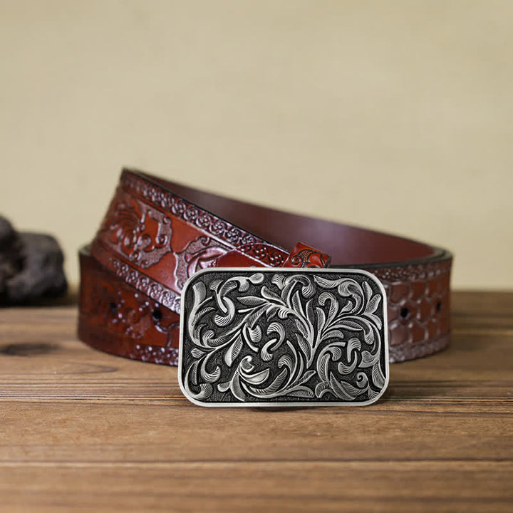 Men's DIY Art Leaves Scrollwork Buckle Leather Belt - Antique Silver - Brown Carved Belt (40) - image 17