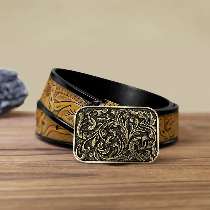 Men's DIY Art Leaves Scrollwork Buckle Leather Belt - Antique Bronze - SandyBrown Belt (40) - image 7