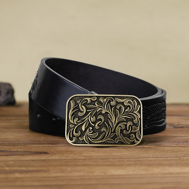 Men's DIY Art Leaves Scrollwork Buckle Leather Belt - Antique Bronze - Black Embossed Eagle Belt (40) - image 3