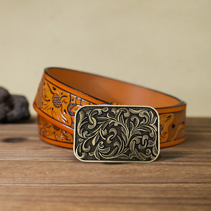 Men's DIY Art Leaves Scrollwork Buckle Leather Belt - Antique Bronze - Orange Carved Belt (40) - image 8