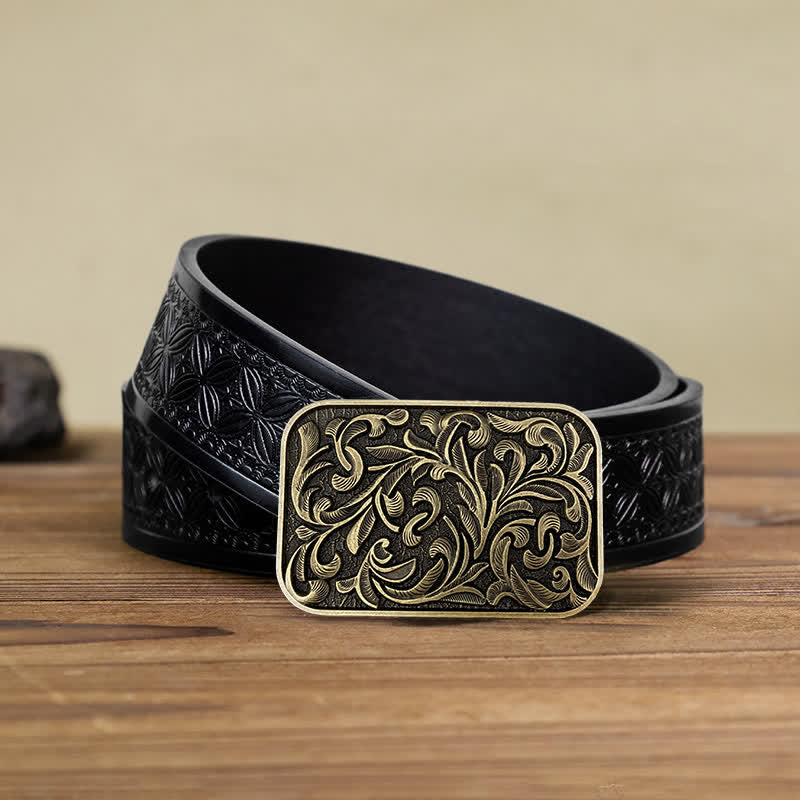 Men's DIY Art Leaves Scrollwork Buckle Leather Belt - Antique Bronze - Black Embossed Weave Belt (40) - image 4