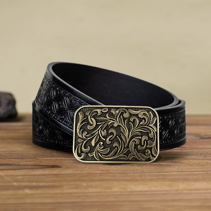 Men's DIY Art Leaves Scrollwork Buckle Leather Belt - Antique Bronze - Black Embossed Weave Belt (40) - image 4
