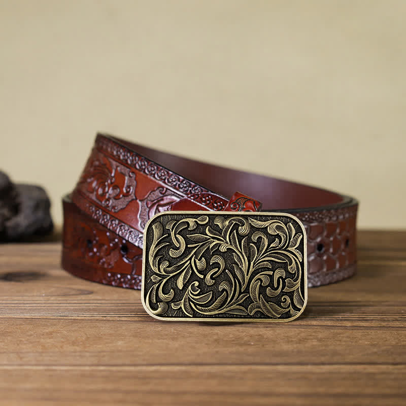 Men's DIY Art Leaves Scrollwork Buckle Leather Belt - Antique Bronze - Brown Carved Belt (40) - image 6
