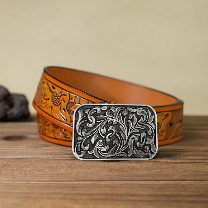 Men's DIY Art Leaves Scrollwork Buckle Leather Belt - Antique Silver - Orange Carved Belt (40) - image 19