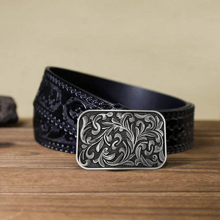 Men's DIY Art Leaves Scrollwork Buckle Leather Belt - Antique Silver - Black Carved Belt (40) - image 16